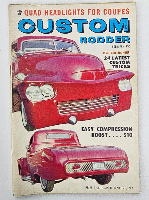 Cover of VTG Custom Rodder Magazine from February 1960, featuring a classic car with quad headlights and custom design elements. This collectible issue highlights the automotive culture of the 1960s, showcasing custom tricks and innovations for car enthusiasts.
