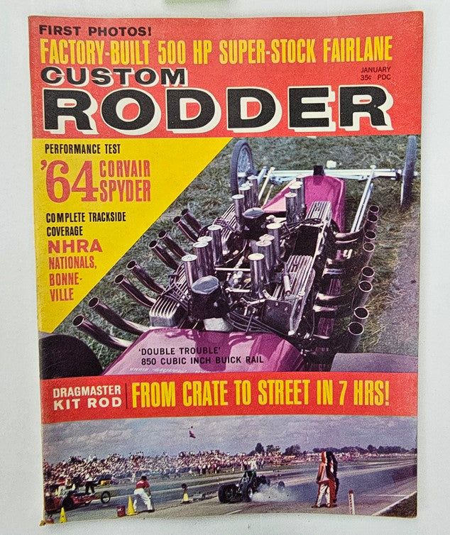 VTG Custom Rodder Magazine January 1964 featuring the 850 Cubic Buick Rail, showcasing classic car culture with vibrant cover artwork and bold titles highlighting performance tests and NHRA event coverage.
