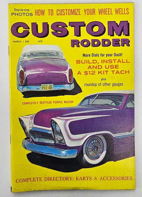 Cover of VTG Custom Rodder Magazine March 1960 Vol 6 No 3 showcasing a completely restyled purple ragtop, highlighting the vibrant car culture of the era.