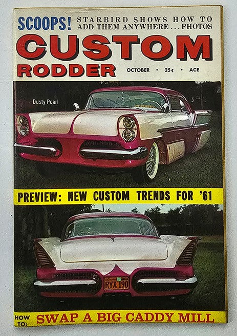 Cover of VTG Custom Rodder Magazine October 1960 Vol 7 No 4 featuring a classic custom car with a pink and white color scheme. The magazine highlights new custom trends and details on swapping a big Caddy mill.