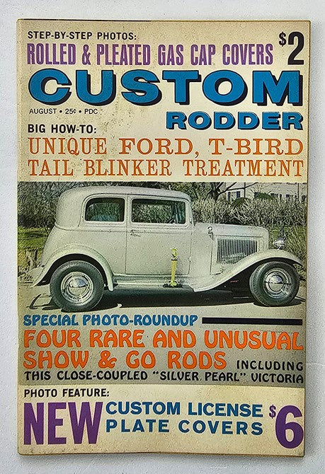 VTG Custom Rodder Magazine August 1961 Vol 9 No 2 featuring unique Ford and T-Bird tail blinker treatment, with a classic car on the cover and a list of features and how-tos.