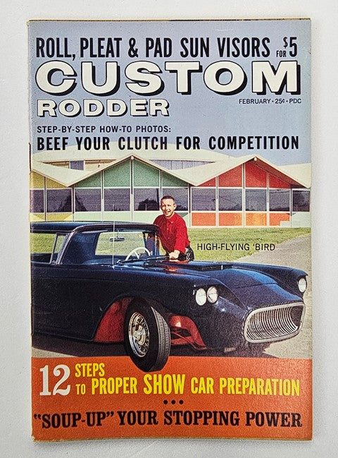 VTG Custom Rodder Magazine February 1962 Vol 9 No 8 High-Flying Bird featuring a classic black car and a smiling man, highlighting vintage automotive culture and custom car design.