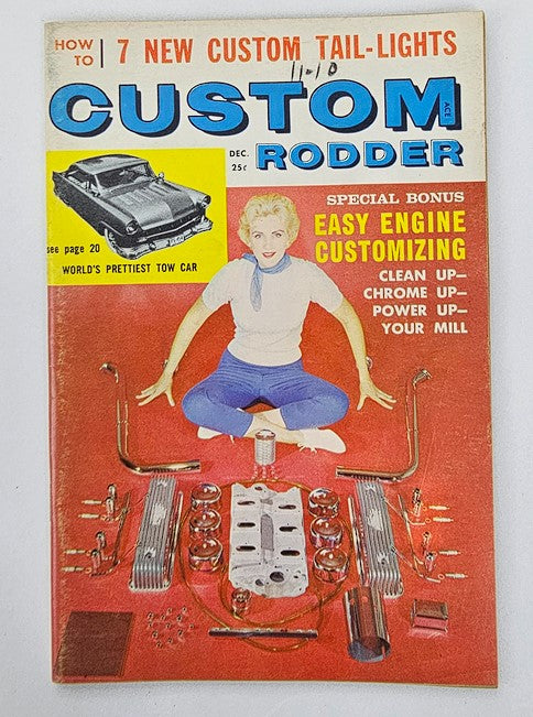 Vintage Custom Rodder Magazine December 1959 Vol 5 No 6 featuring Easy Engine Customizing with a vibrant cover illustration including automotive parts and a woman seated among tools.