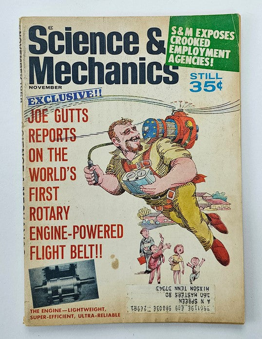 Cover of VTG Science & Mechanics Magazine November 1968 featuring an illustration of a man with a rotary engine-powered flight belt, emphasizing a report by Joe Gutts on the world's first rotary engine technology.