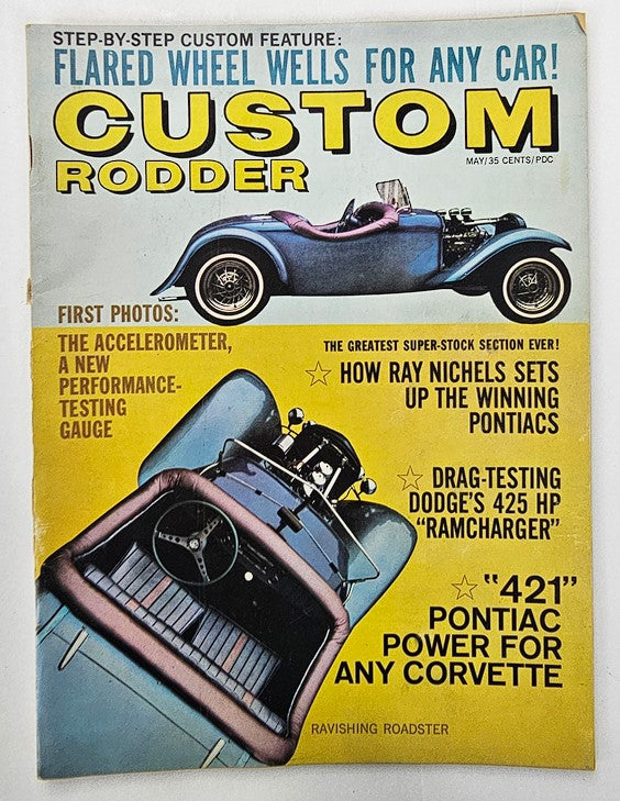 Vintage Custom Rodder Magazine from May 1963 featuring the Ravishing Roadster on the cover, showcasing vibrant colors and classic automotive design details.