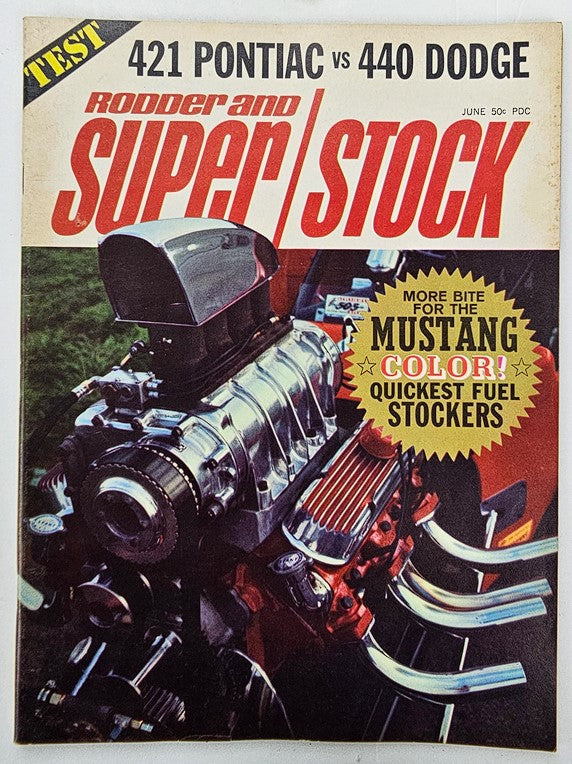 Cover of VTG Rodder and Super Stock Magazine June 1966 featuring a face-off between the 421 Pontiac and 440 Dodge, showcasing a powerful automotive engine design.