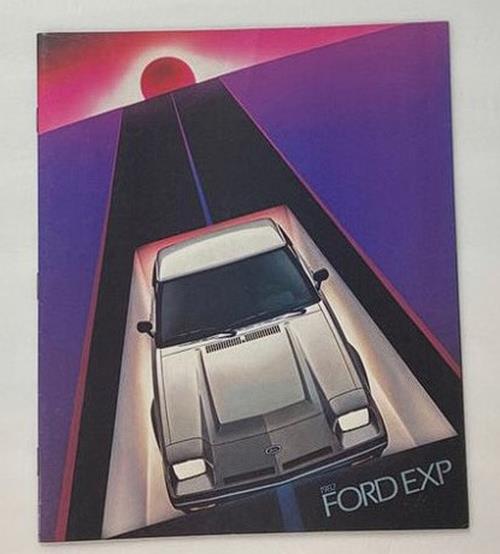 1982 Ford EXP Car Dealer Sales Brochure featuring a stylized front view of the car and a vibrant graphic design background, ideal for collectors and automotive enthusiasts.