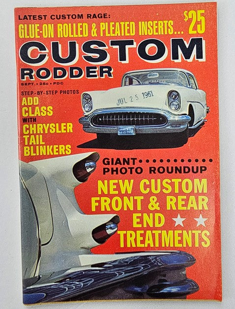 Vintage Custom Rodder Magazine September 1961 cover featuring a classic car and Chrysler Blinkers, showcasing automotive culture and design.