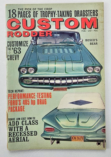 Cover of VTG Custom Rodder Magazine February 1963 Vol 12 No 2 featuring Bosco's Bear, showcasing vintage custom cars and automotive culture.