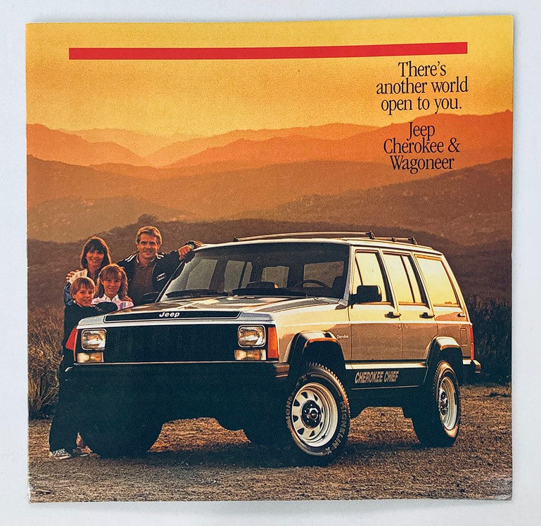 1986 Jeep Cherokee & Wagoneer Dealer Showroom Sale Brochure Guide Catalog featuring a family with children next to a Jeep Cherokee Chief SUV at sunset, showcasing the vehicle's classic design and outdoor lifestyle appeal.