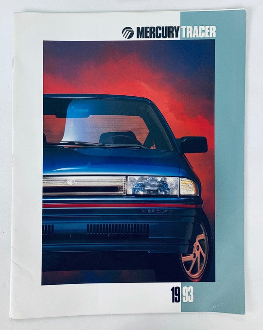 1993 Mercury Tracer Dealer Showroom Sales Brochure featuring the Mercury Tracer in a vibrant marketing setting with a dramatic background.