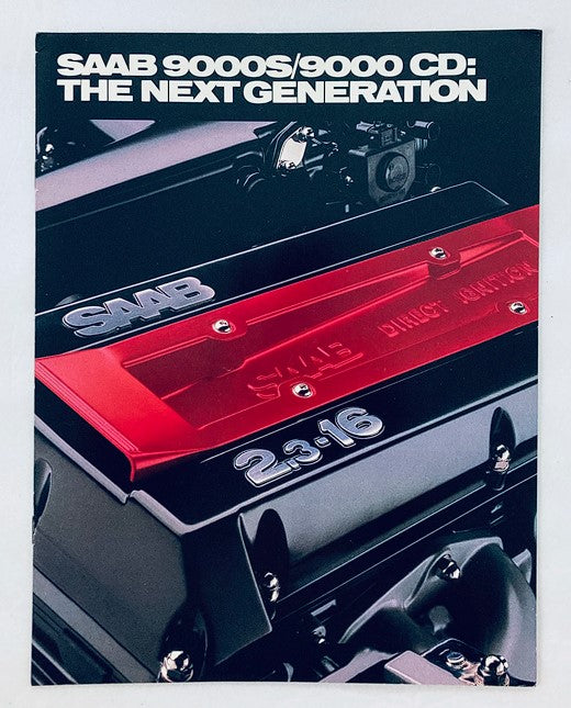 Cover of the 1990 Saab 9000S/9000 CD Car Dealer Showroom Sales Brochure featuring the engine with a focus on 'Saab 9000S/9000 CD: The Next Generation'.