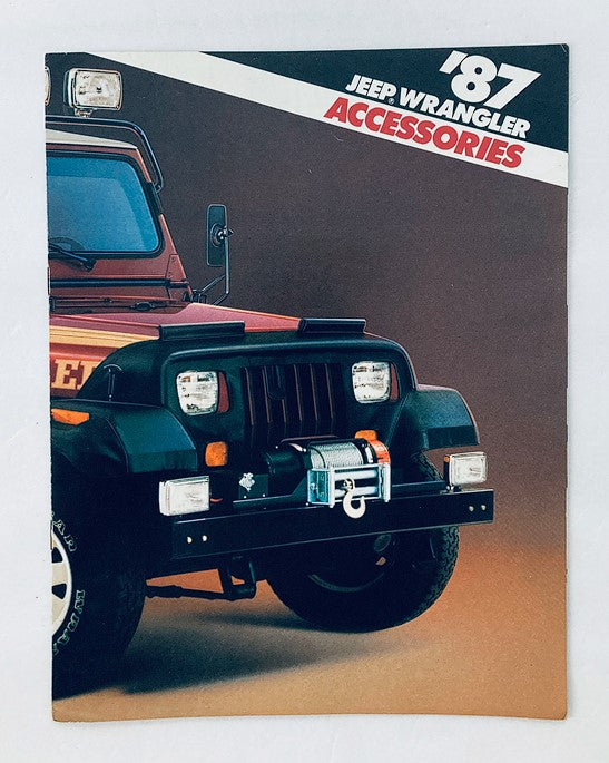 1987 Jeep Wrangler Accessories Dealer Showroom Sales Brochure showcasing a close-up of a Jeep Wrangler with accessories, highlighting the front end with a winch and headlights, perfect for Jeep enthusiasts and collectors.