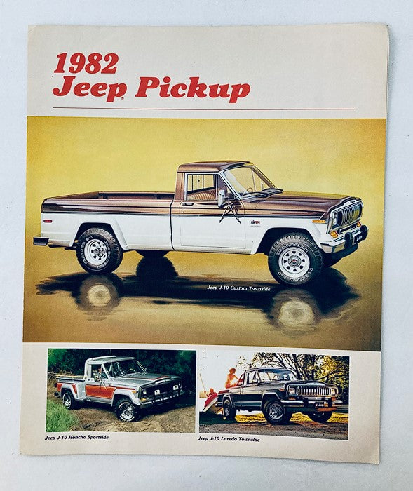Cover of the 1982 Jeep J-10 Pickup Dealer Showroom Sales Brochure Guide Catalog featuring an illustration of the Jeep J-10 Custom and various Jeep models including the Jeep J-10 Honcho and Jeep J-10 Laredo Tornado.