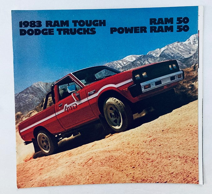 1983 Dodge Ram 50 Trucks Dealer Showroom Sales Brochure featuring the classic Ram 50 model in a dynamic desert setting showcasing its rugged design and capabilities.