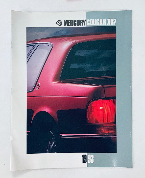 1993 Mercury Cougar XR7 Car Dealer Showroom Sales Brochure featuring the rear side and tail light design in a stylish presentation.
