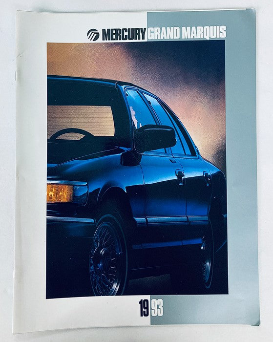 Cover of the 1993 Mercury Grand Marquis Car Dealer Showroom Sales Brochure Guide Catalog featuring a sleek black Mercury Grand Marquis against a dramatic background, showcasing its elegant design and distinguishing features.