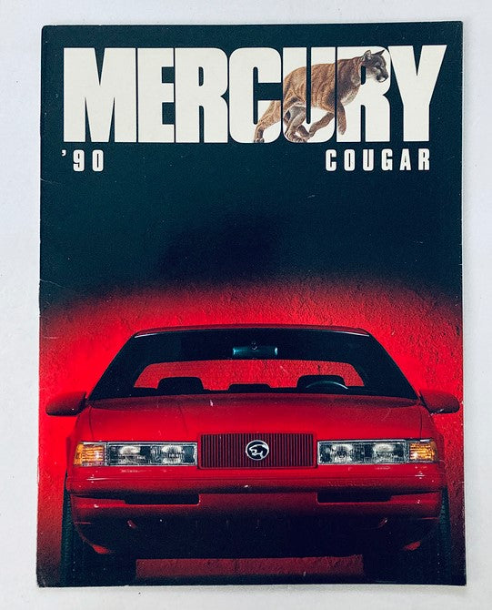 1990 Mercury Cougar Dealer Showroom Sales Brochure featuring a red Mercury Cougar car, showcasing its sleek design with a backdrop that emphasizes its sporty appeal.