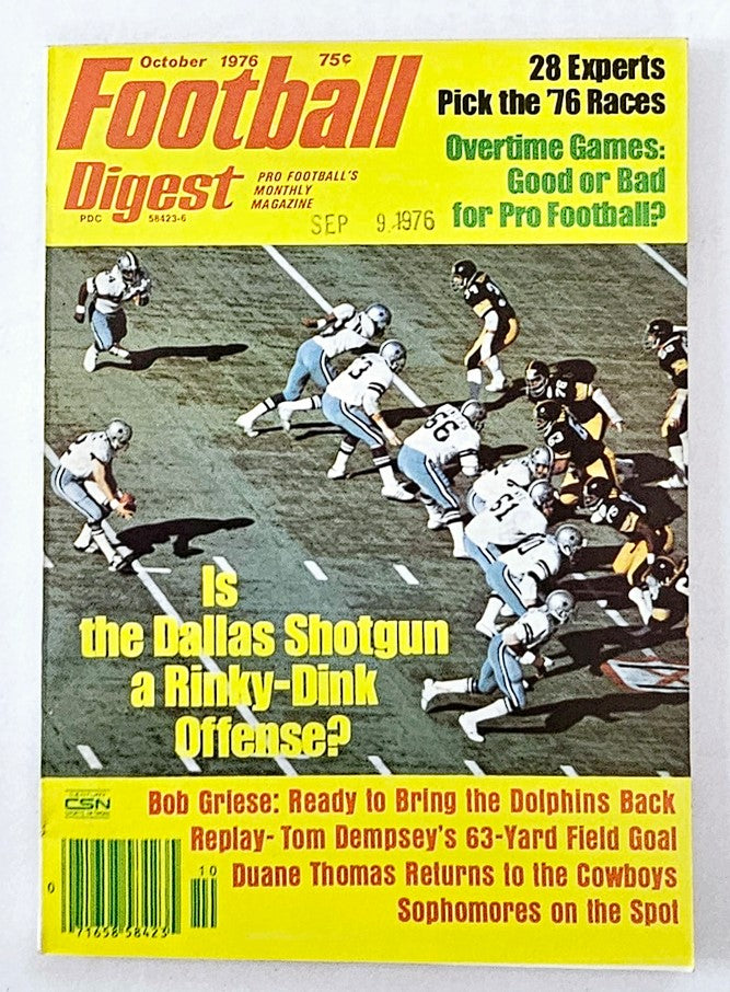 October 1976 issue of Football Digest magazine featuring cover with title in bold, highlighting topics such as the Dallas Shotgun offense, Bob Griese's return with the Dolphins, and Tom Dempsey's famous 63-yard field goal, ideal for collectors and sports enthusiasts.