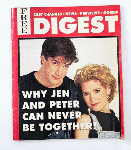Cover of the 1994 Soap Opera Digest Magazine featuring Randolph Mantooth and Lisa Peluso, with a headline discussing a storyline about the characters Jen and Peter. This vintage collectible showcases the allure of 90s soap operas.