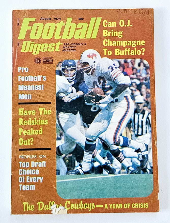VTG Football Digest Magazine August 1973 featuring O.J. Simpson on the cover, highlighting Pro Football's Meanest Men and Dallas Cowboys Crisis, an essential collectible for sports enthusiasts.