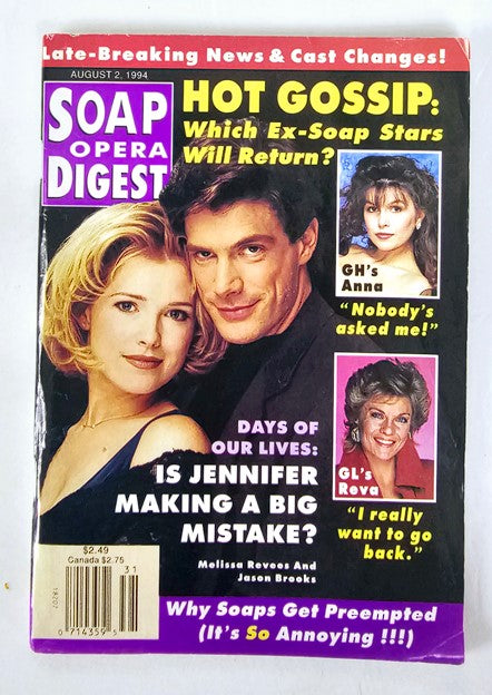 Soap Opera Digest Magazine cover from August 2, 1994 featuring Melissa Reeves and Jason Brooks, showcasing headlines like 'HOT GOSSIP: Which Ex-Soap Stars Will Return?' and articles on popular soap operas.