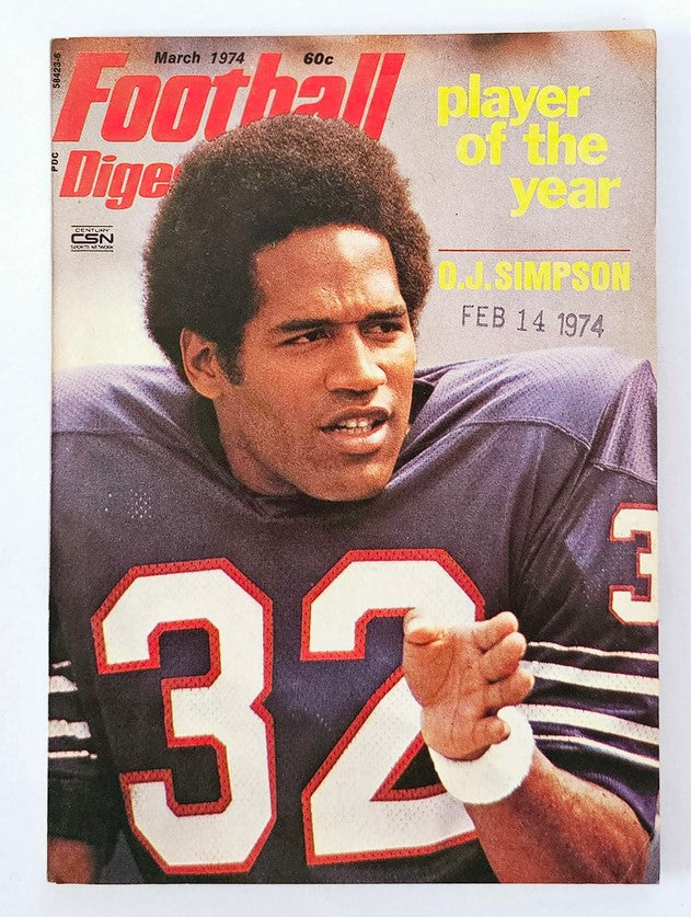 Vintage Football Digest Magazine from March 1974 featuring O.J. Simpson as Player of the Year. The magazine cover highlights O.J. in football attire with jersey number 32, showcasing his recognition in the sport.
