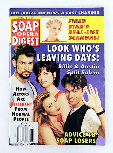 Soap Opera Digest Magazine April 11 1995 cover featuring Robert Kelker-Kelly, Lisa Rinna, and cast members, highlighting news on soap operas, late-breaking news, and cast changes.