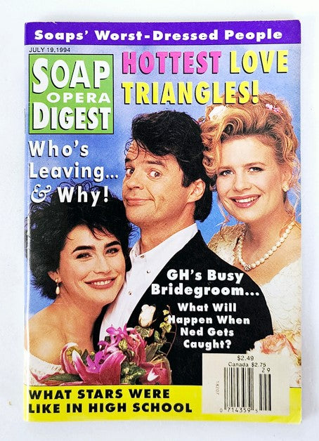 Soap Opera Digest magazine cover from July 19, 1994, featuring Wally Kurth and Mary Beth Evans. The cover highlights 'Hottest Love Triangles' and discusses soap operas, showcasing bold text and colorful imagery.