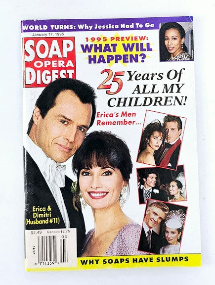 Cover of Soap Opera Digest Magazine dated January 17, 1995, featuring a vibrant layout with the title prominently displayed. The image highlights key characters from 'All My Children,' including Erica and Dimitri, and includes a special section commemorating 25 years of the show, making it a valuable vintage collectible for soap opera enthusiasts.