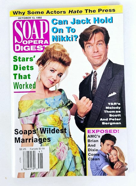 Soap Opera Digest Magazine October 13 1992 featuring stars Melody Scott and Peter Bergman on the cover, showcasing topics like 'Can Jack Hold On To Nikki?' and 'Soaps' Wildest Marriages', ideal for vintage magazine collectors.