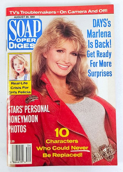 Soap Opera Digest Magazine August 20 1991 featuring Deidre Hall, known for playing Dr. Marlena Evans, on the cover with a striking red jacket, showcasing the excitement of daytime television in the early 1990s.