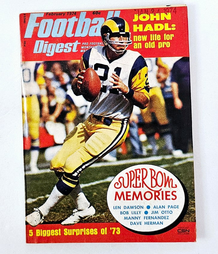Football Digest Magazine February 1974 featuring John Hadl on the cover, showcasing iconic football moments and featuring highlights from NFL legends like Len Dawson.