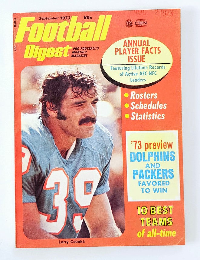 Vintage Football Digest Magazine from September 1973 featuring Larry Csonka on the cover. The magazine highlights NFL player statistics, rosters, and game previews, embodying the spirit of 1970s football culture.
