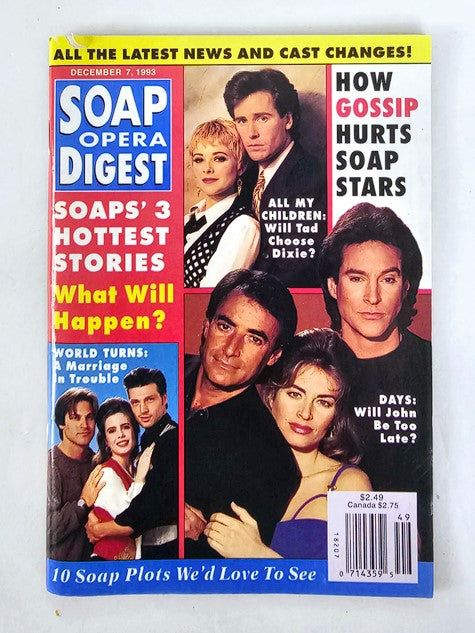 Soap Opera Digest Magazine December 7 1993 cover featuring notable soap stars and headlines discussing soap opera storylines and news.