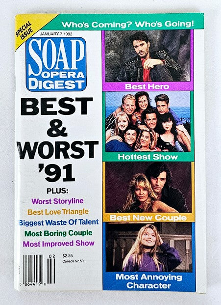 Cover of Soap Opera Digest Magazine from January 7, 1992, featuring the title 'Best & Worst of 1991' with highlights such as Best Hero, Hottest Show, and Most Annoying Character, making it a collectible for soap opera fans.