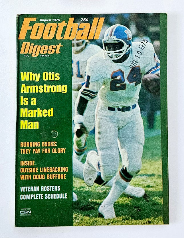VTG Football Digest Magazine August 1975 featuring Otis Armstrong on the cover, highlighting key football topics and features from the era.