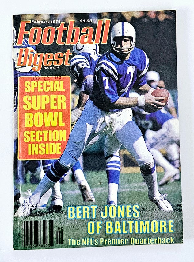 Vintage Football Digest Magazine from February 1978 featuring Bert Jones of Baltimore, highlighting NFL quarterback statistics and insights.