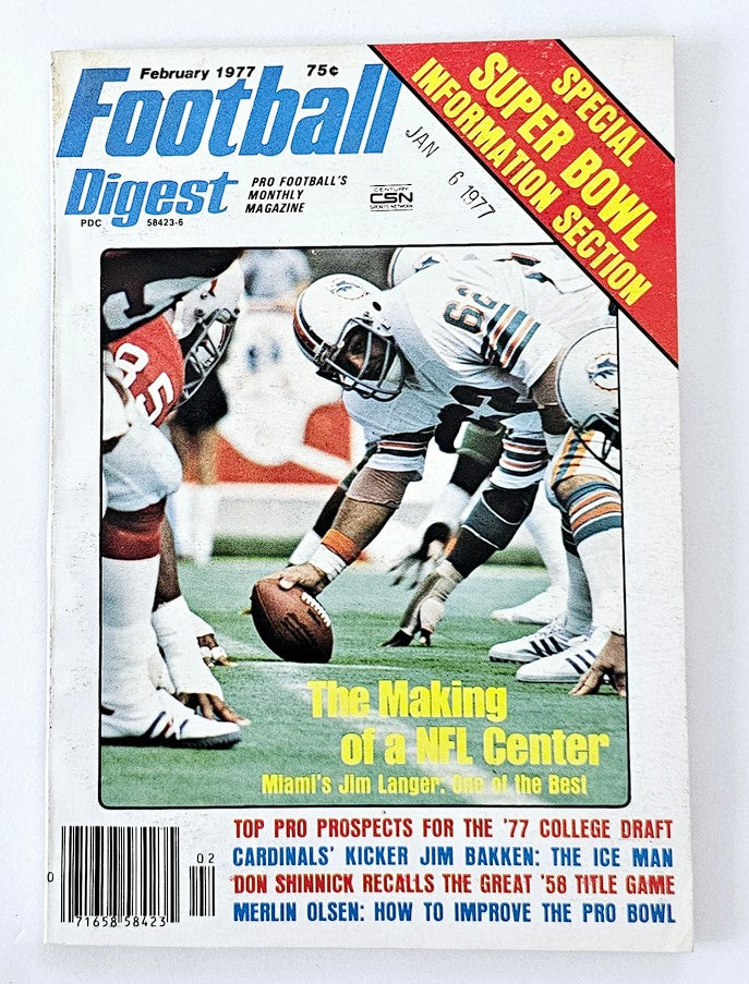 VTG Football Digest Magazine February 1977 featuring Miami's Jim Langer on the cover, showcasing NFL highlights and Super Bowl information.