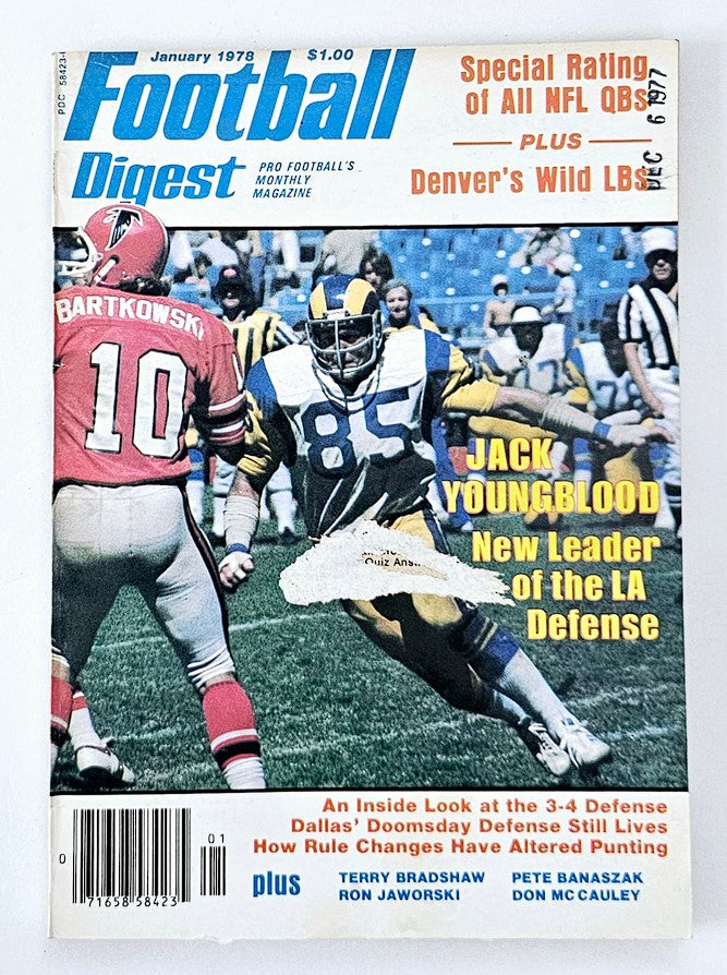 VTG Football Digest Magazine January 1978 featuring Jack Youngblood on the cover, showcasing football highlights and player profiles from the late 1970s.