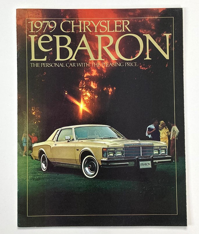 1979 Chrysler LeBaron Dealer Showroom Sales Brochure, featuring a gold Chrysler LeBaron parked on a grassy field, surrounded by people, showcasing the elegance of the personal car with the pleasing price.