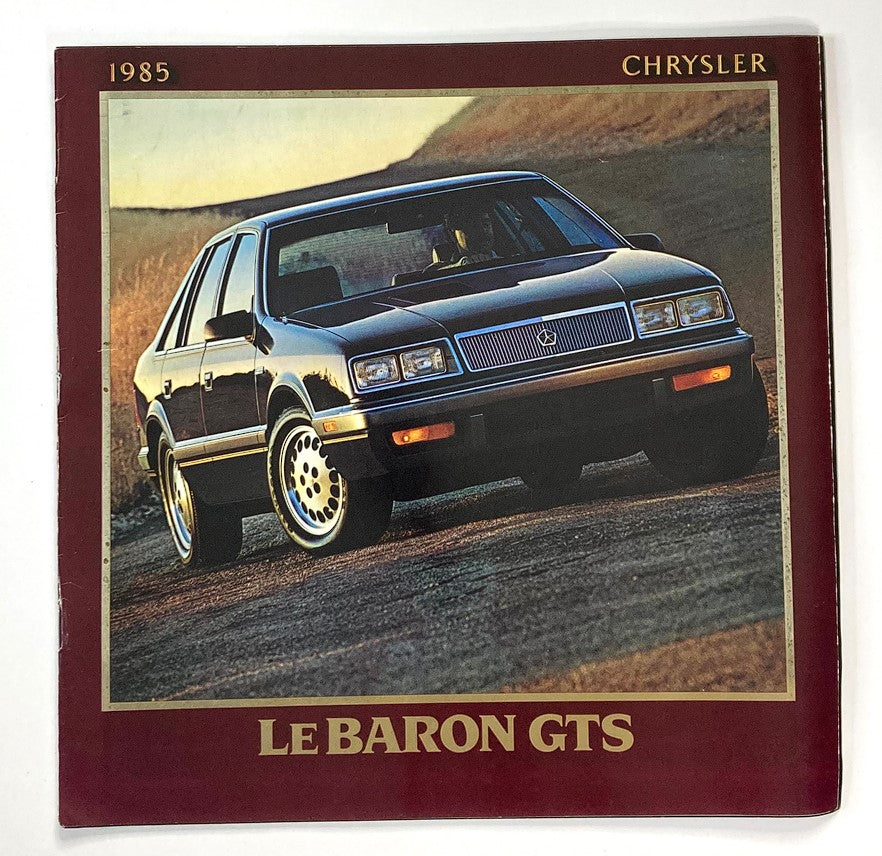 1985 Chrysler Le Baron GTS Dealer Showroom Sales Brochure showcasing the sleek exterior of the Le Baron GTS model, highlighting its design and features.