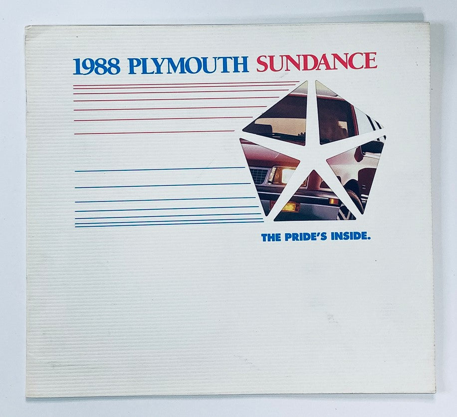 1988 Plymouth Sundance Dealer Showroom Sales Brochure Guide Catalog cover featuring a stylized design and the tagline 'THE PRIDE'S INSIDE.'