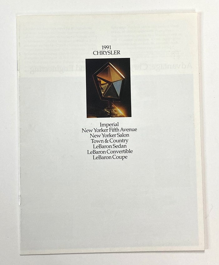 1991 Chrysler New Yorker Salon Dealer Showroom Sales Brochure Guide Catalog featuring a promotional design and listing models such as Imperial, New Yorker Fifth Avenue, New Yorker Salon, Town & Country, LeBaron Sedan, LeBaron Convertible, and LeBaron Coupe.