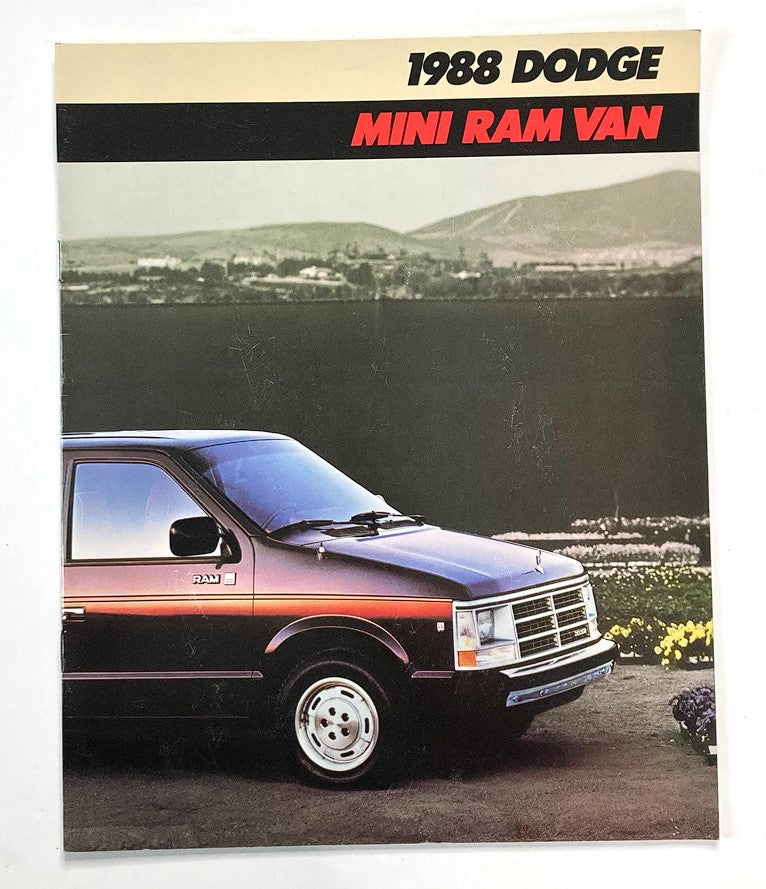1988 Dodge Mini Ram Van showroom sales brochure featuring a red Mini Ram Van parked in a scenic outdoor setting, showcasing the vehicle's design and features.