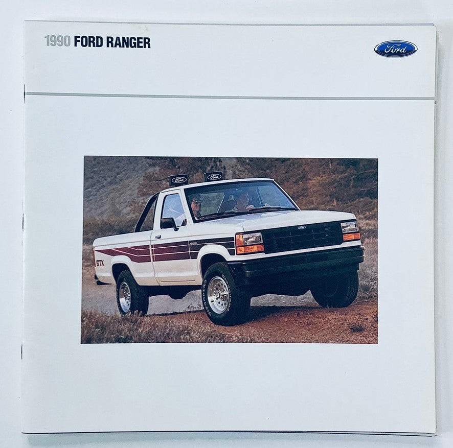 1990 Ford Ranger Dealer Showroom Sales Brochure Guide Catalog featuring a white and red Ford Ranger truck in a natural setting.