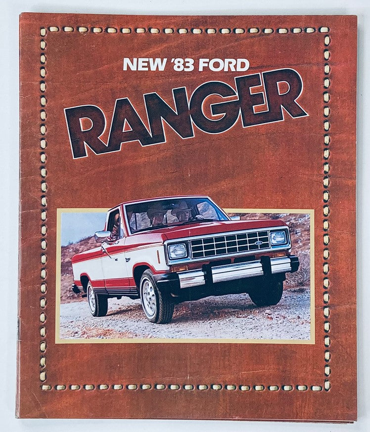 Cover of the 1983 Ford Ranger Dealer Showroom Sales Brochure Guide Catalog featuring a photo of a red Ford Ranger truck against a scenic background.