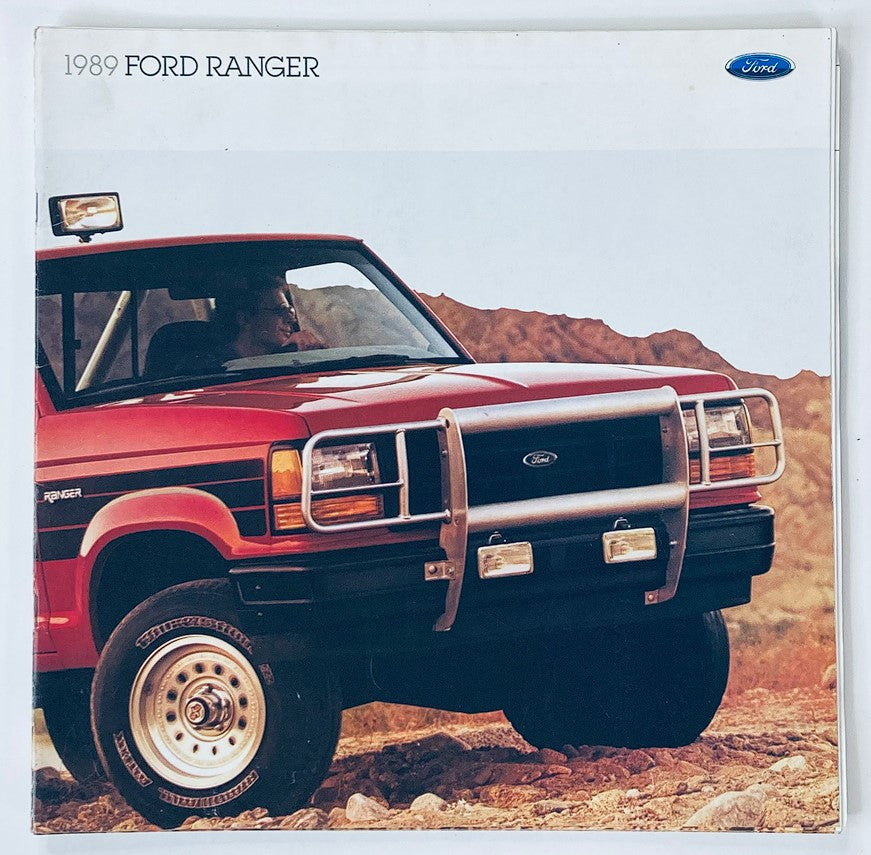 1989 Ford Ranger Dealer Showroom Sales Brochure Guide Catalog featuring a red Ford Ranger truck displayed in a dealership setting, showcasing its exterior design and iconic features.