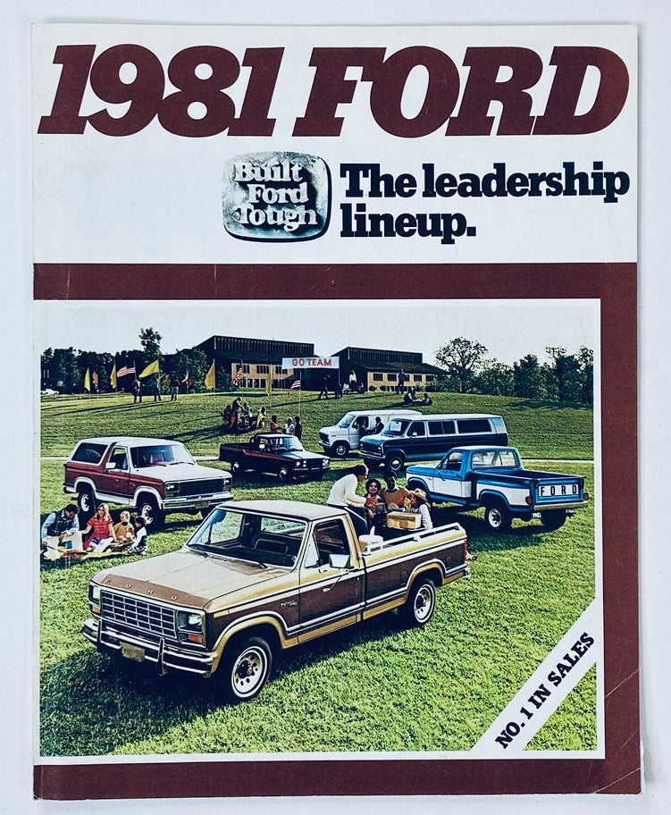 1981 Ford Leadership Lineup Dealer Showroom Sales Brochure Guide Catalog featuring a vintage display of Ford vehicles in a scenic outdoor setting, showcasing the brand's strength and diversity in their product lineup.