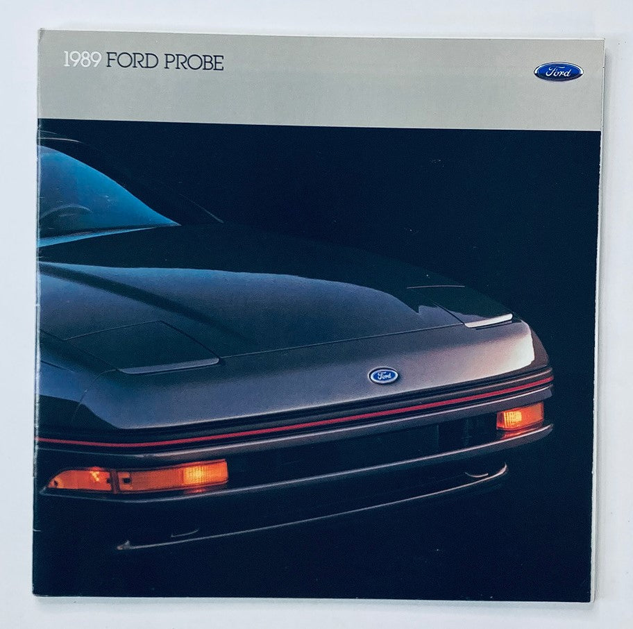 1989 Ford Probe Dealer Showroom Sales Brochure featuring the front view of the car, showcasing its sleek design and iconic headlights.